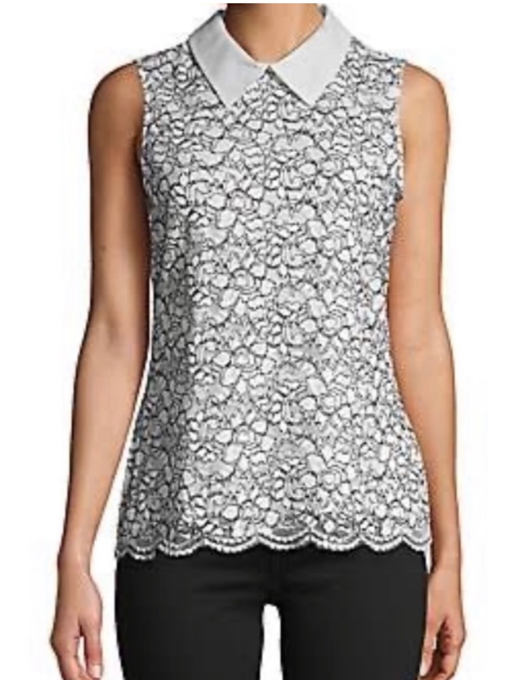 Karl Lagerfeld Blouse Medium Lace Black White Collared Feminine Preppy Classic
